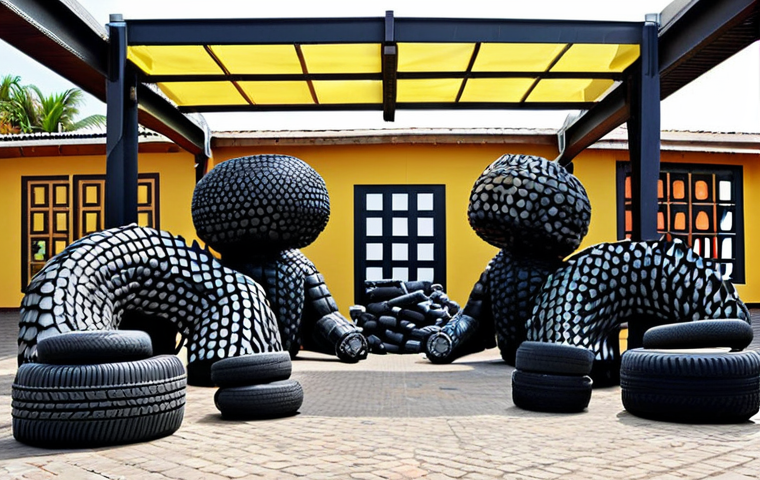**
"Creative upcycling art installation, featuring sculptures and furniture made from recycled plastic bottles, tires, and electronic waste. Emphasize the beauty and artistic value of repurposed materials, showcasing a community workshop setting with diverse participants."
**