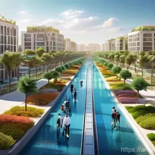 지속가능성 트렌드 분석 및 전망 - **Prompt:** A vibrant, futuristic cityscape in the Arabian desert, showcasing advanced green infrast...