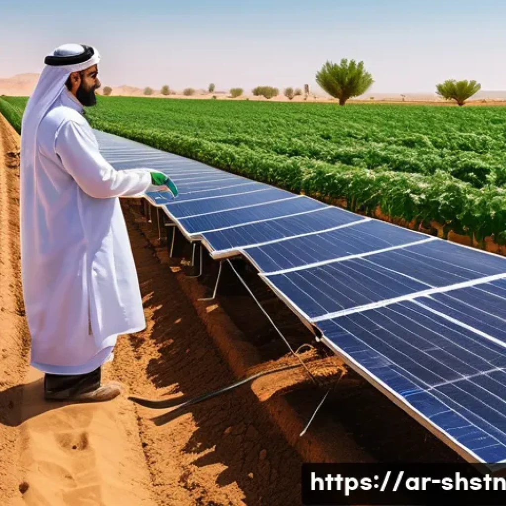 지속가능한 농업 기술의 발전 방향 - A high-tech precision agriculture scene in a vast Middle Eastern farm under a clear blue sky, featur...