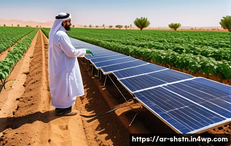지속가능한 농업 기술의 발전 방향 - A high-tech precision agriculture scene in a vast Middle Eastern farm under a clear blue sky, featur...