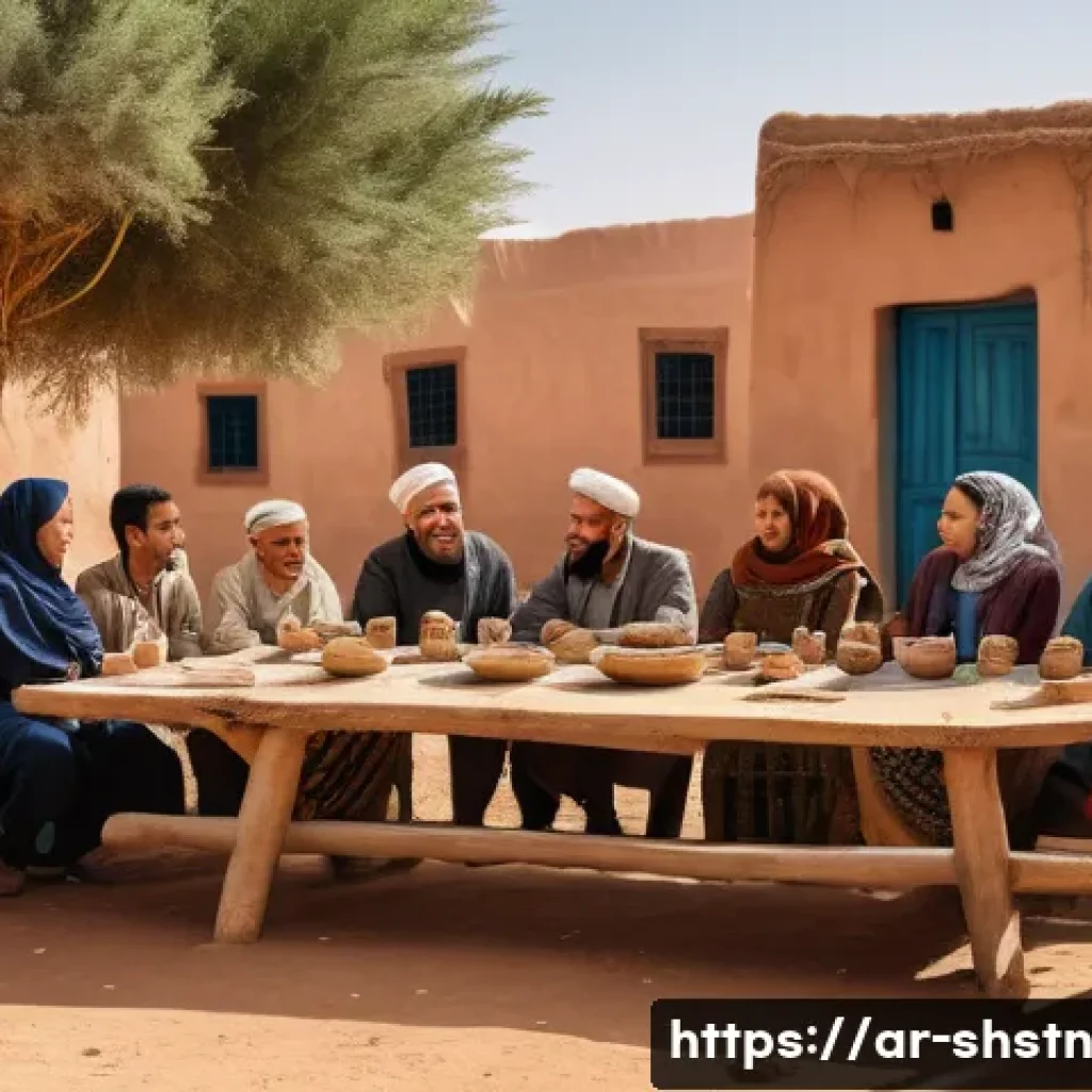 지속가능한 커뮤니티 개발 전략 - A vibrant community meeting scene in a rural Moroccan village, featuring diverse local residents—inc...