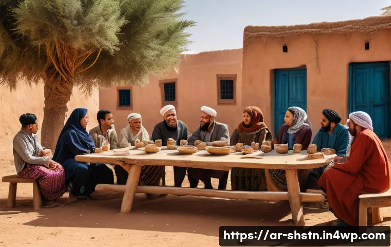 지속가능한 커뮤니티 개발 전략 - A vibrant community meeting scene in a rural Moroccan village, featuring diverse local residents—inc...