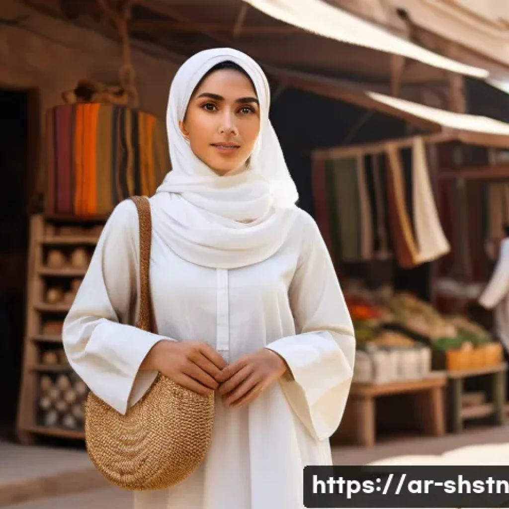 지속가능한 패션 산업의 변화 - A detailed fashion scene showing a young Arab woman wearing an elegant, modest dress made from organ...