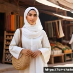 Home 22 지속가능한 패션 산업의 변화 - A detailed fashion scene showing a young Arab woman wearing an elegant, modest dress made from organ...