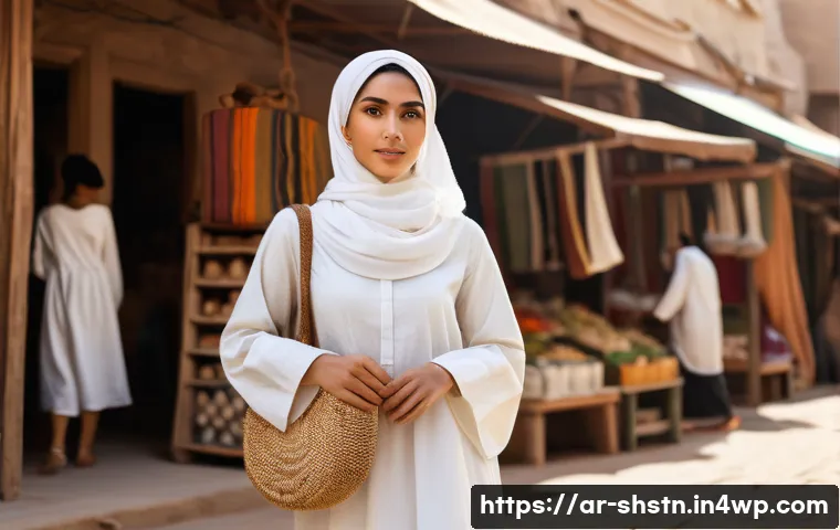 지속가능한 패션 산업의 변화 - A detailed fashion scene showing a young Arab woman wearing an elegant, modest dress made from organ...