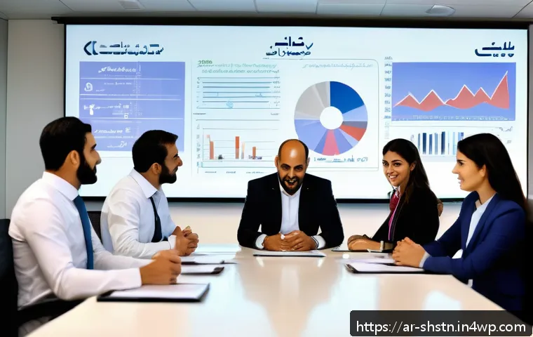 지속가능한 기업의 재무 성과 분석 - A modern Middle Eastern corporate office setting showing diverse business professionals engaged in a...