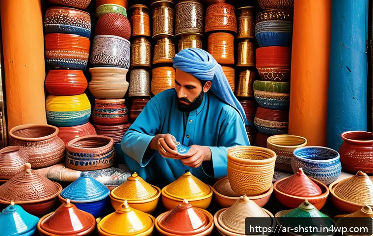 지속가능한 관광 개발의 최신 트렌드 - A vibrant traditional Moroccan market scene featuring local artisans in colorful robes crafting intr...