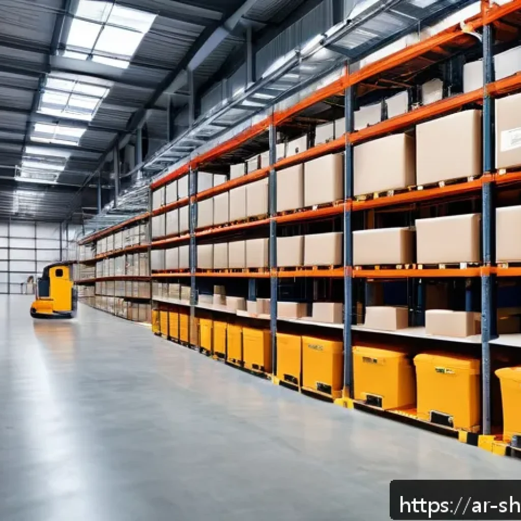 지속가능한 물류 관리 기법 - A modern logistics warehouse interior in the Middle East, featuring smart vertical shelving systems ...