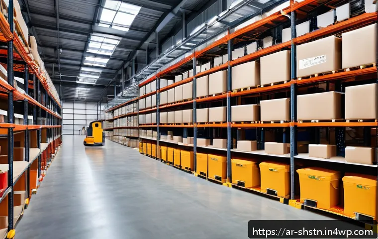 지속가능한 물류 관리 기법 - A modern logistics warehouse interior in the Middle East, featuring smart vertical shelving systems ...