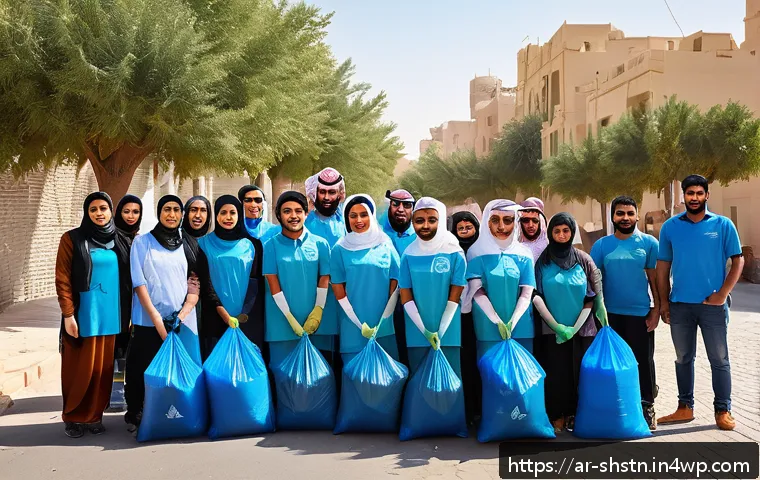 지속가능한 환경 정책의 효과 - A vibrant community cleanup event in a Middle Eastern neighborhood, featuring diverse men, women, an...