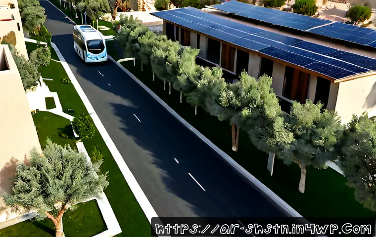 지속가능한 기술의 사회적 영향력 - Photorealistic wide scene of a sustainable smart neighborhood in an Arab city, solar panels on low-r...